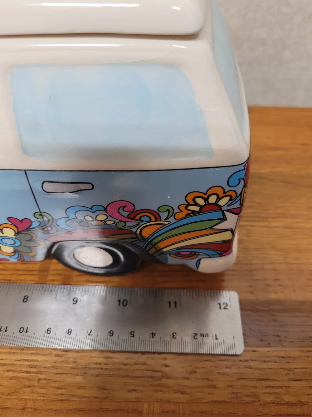 NIB Vintage Ceramic VW Bus Cookie Jar Groovy Hippie Floral Van Canister